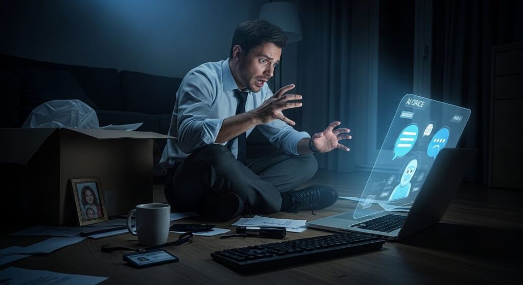 Homem Animado, Enquanto Interage Com Ia, Apos Ser Demitido